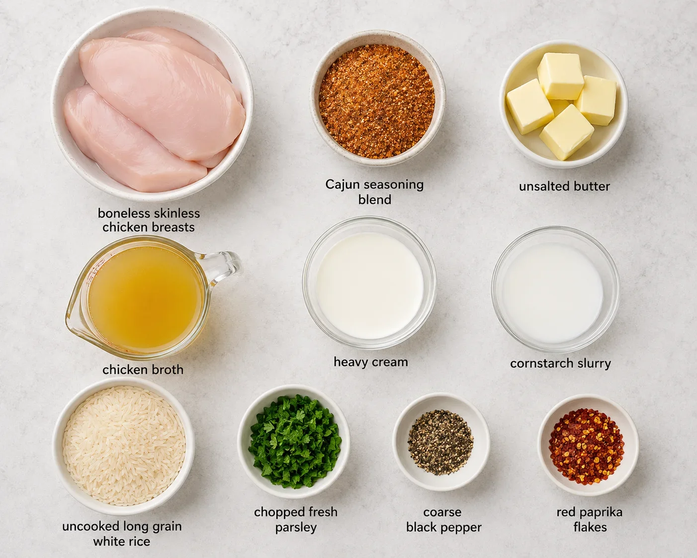 Ingredients for creamy Cajun butter chicken in a slow cooker, including chicken, spices, and cream.