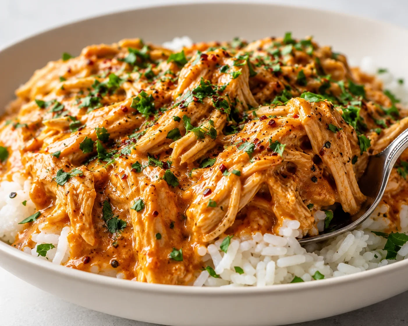 Creamy Cajun chicken served over fluffy white rice with herbs and spices.