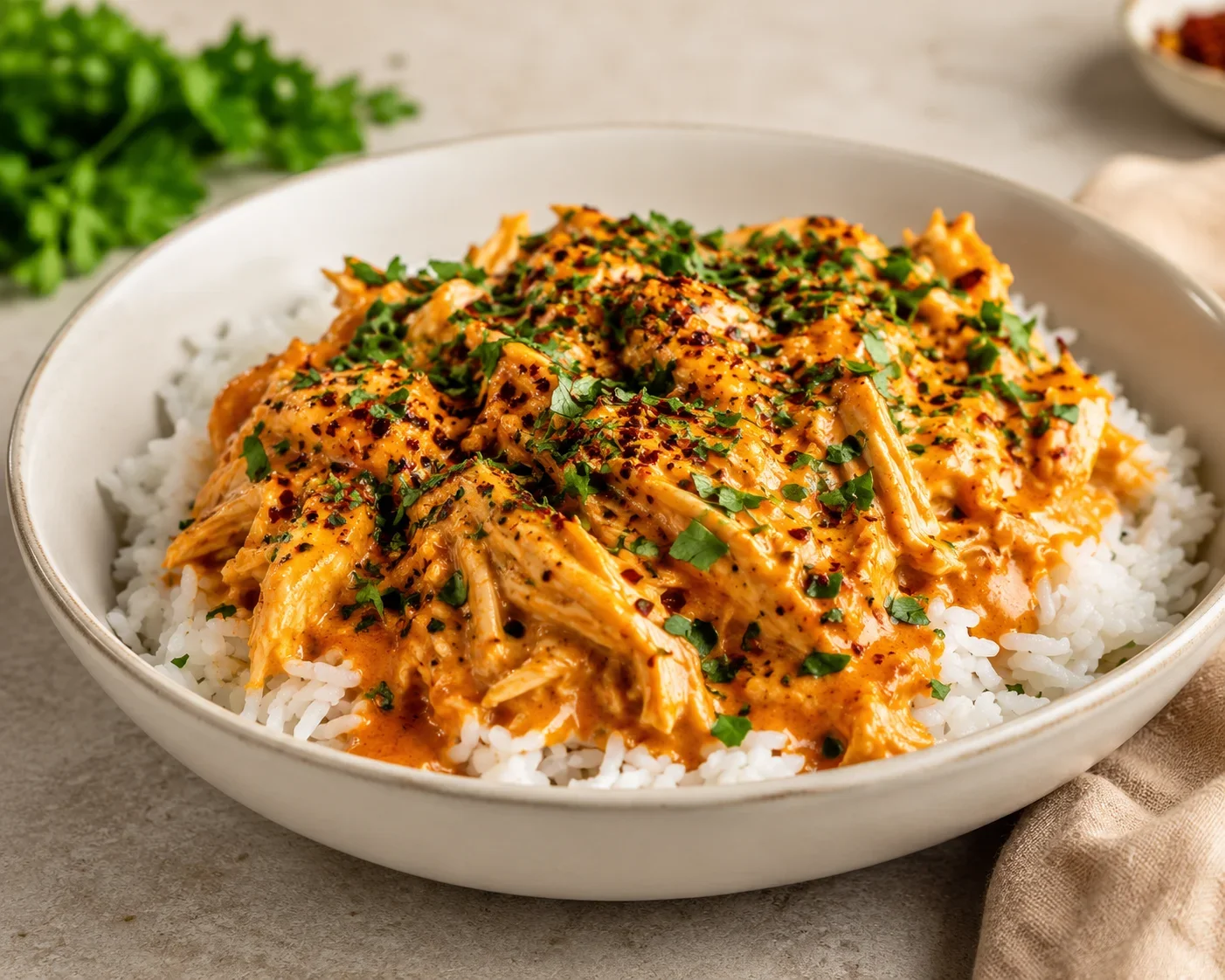 Creamy Cajun chicken served over fluffy white rice with herbs and spices.