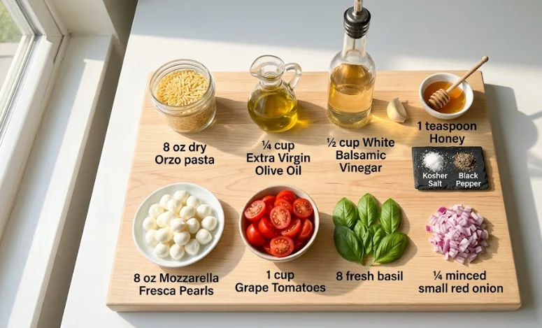 Fresh ingredients for Caprese orzo pasta salad on a wooden board with sunlight