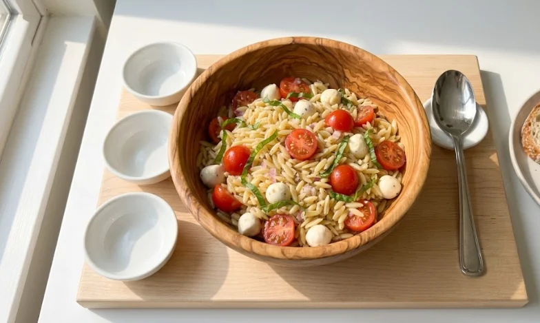 Colorful bowl of Caprese orzo pasta salad with tomatoes, mozzarella, and basil on a wooden tray