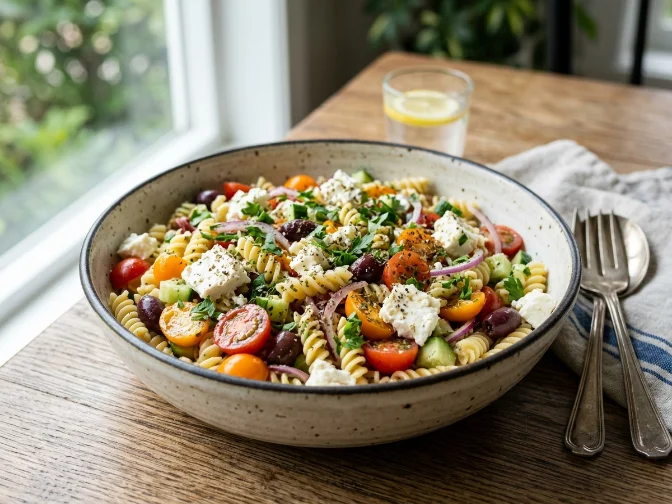 Colorful Mediterranean pasta salad with fresh veggies, olives, and feta cheese.