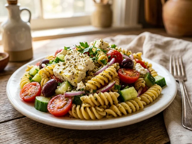 Colorful Mediterranean pasta salad with cherry tomatoes, cucumbers, olives, feta, and herbs.