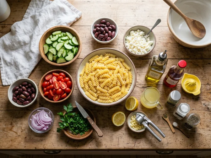 Assorted fresh ingredients for Mediterranean pasta salad on a wooden table.