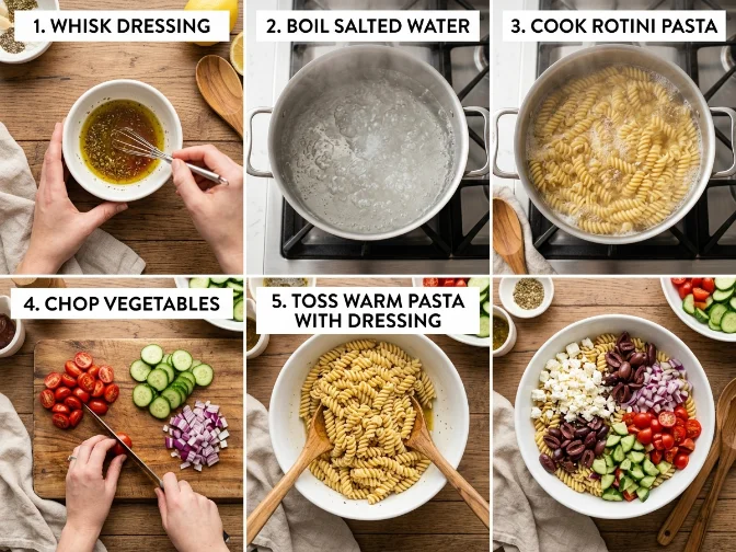 Step-by-step process of making fresh Mediterranean pasta salad with vegetables and feta cheese.