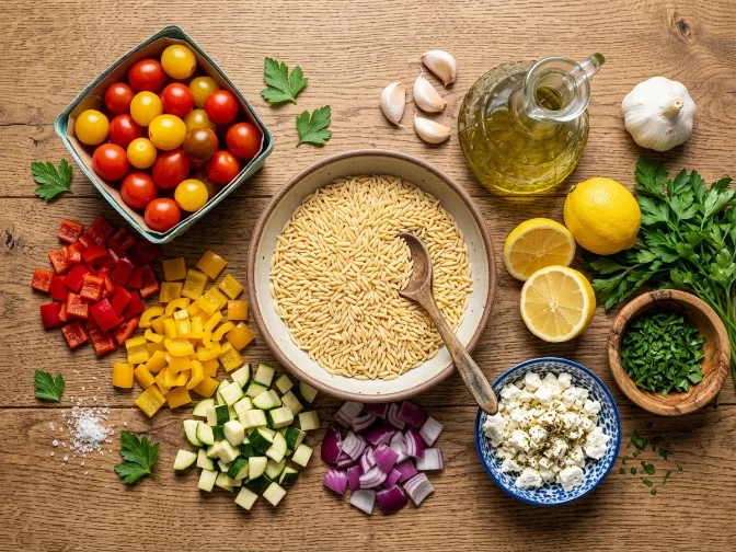 Colorful ingredients for roasted vegetable orzo on a wooden table.