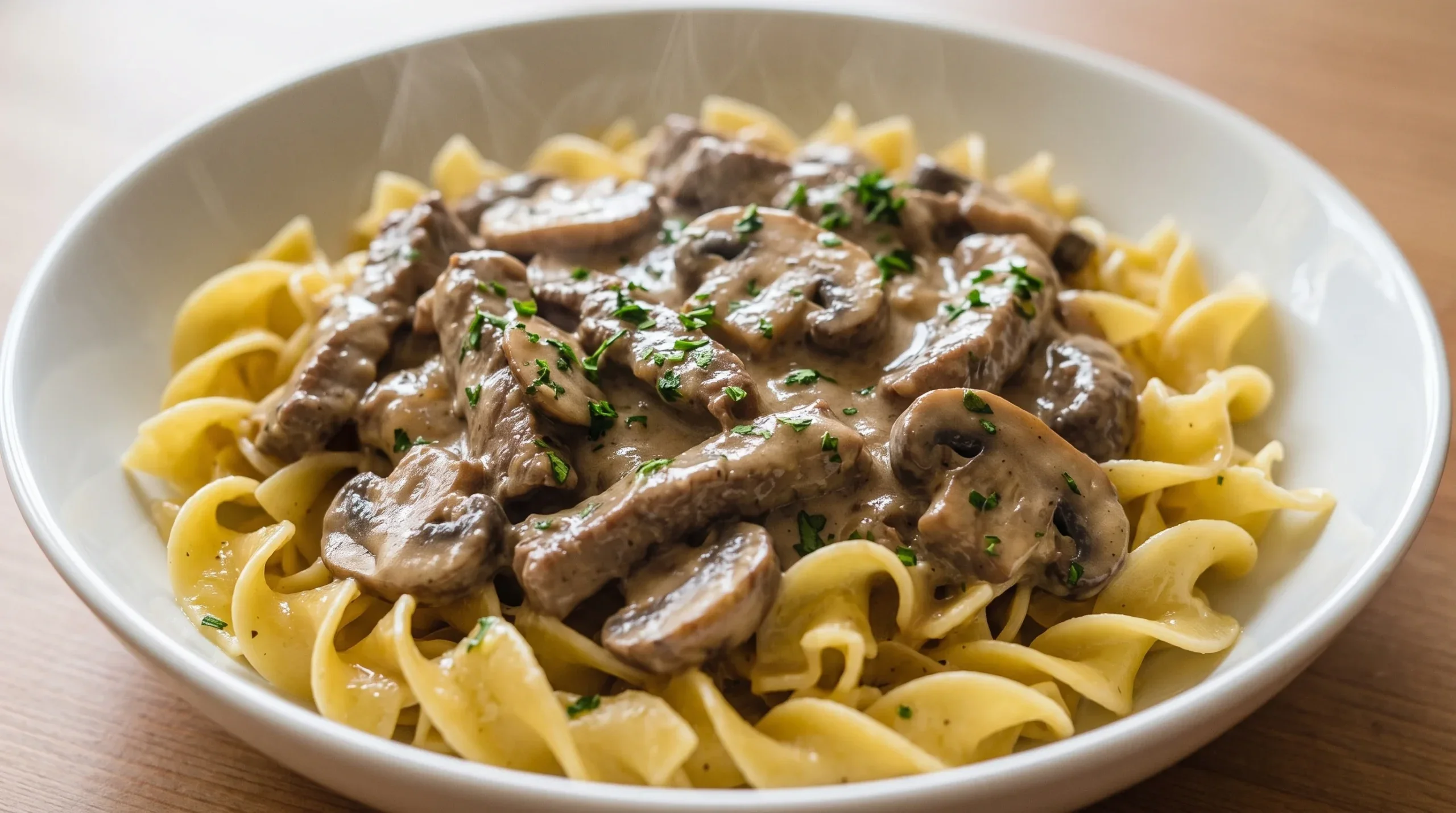 Delicious beef stroganoff served over noodles with creamy mushroom sauce