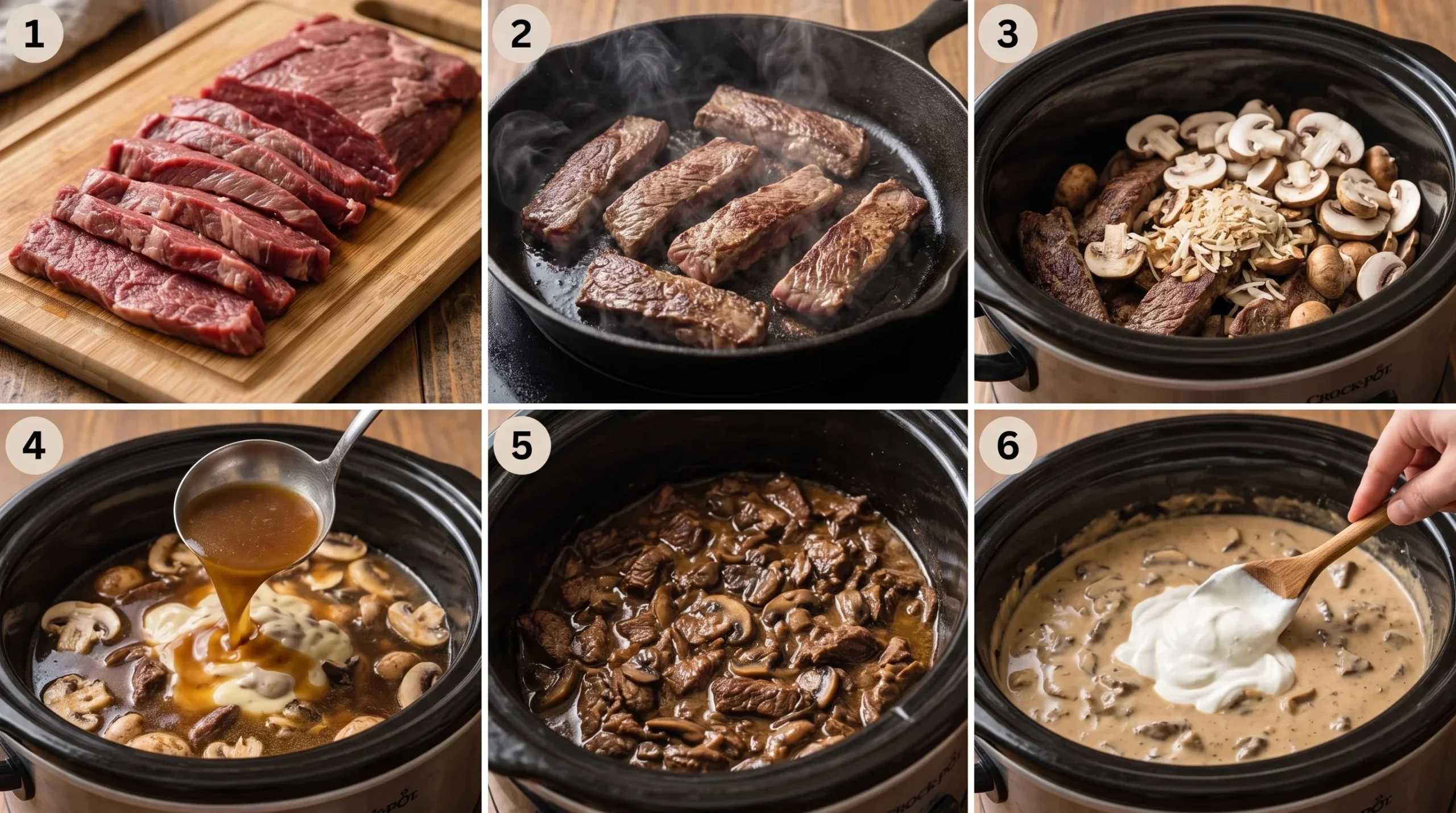 Creamy beef stroganoff cooking in a slow cooker with mushrooms and tender beef strips.