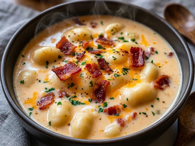 A bowl of creamy bacon cheddar gnocchi soup garnished with bacon bits and herbs.