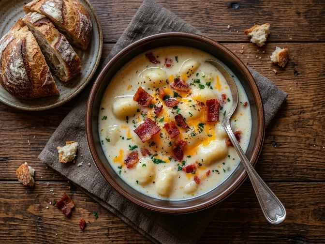 A creamy bowl of bacon cheddar gnocchi soup garnished with bacon and cheese, served with bread
