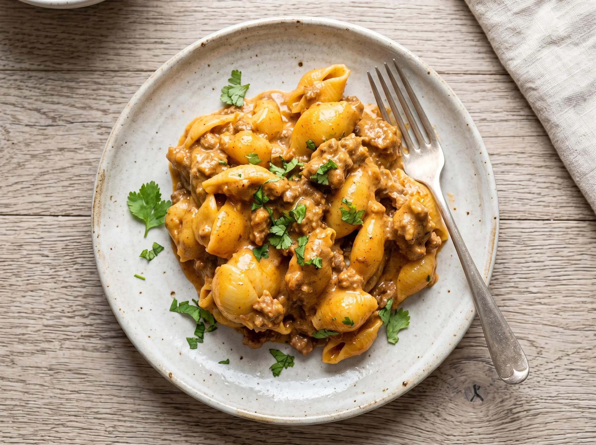 Creamy taco-flavored cheese pasta served on a rustic plate with cilantro