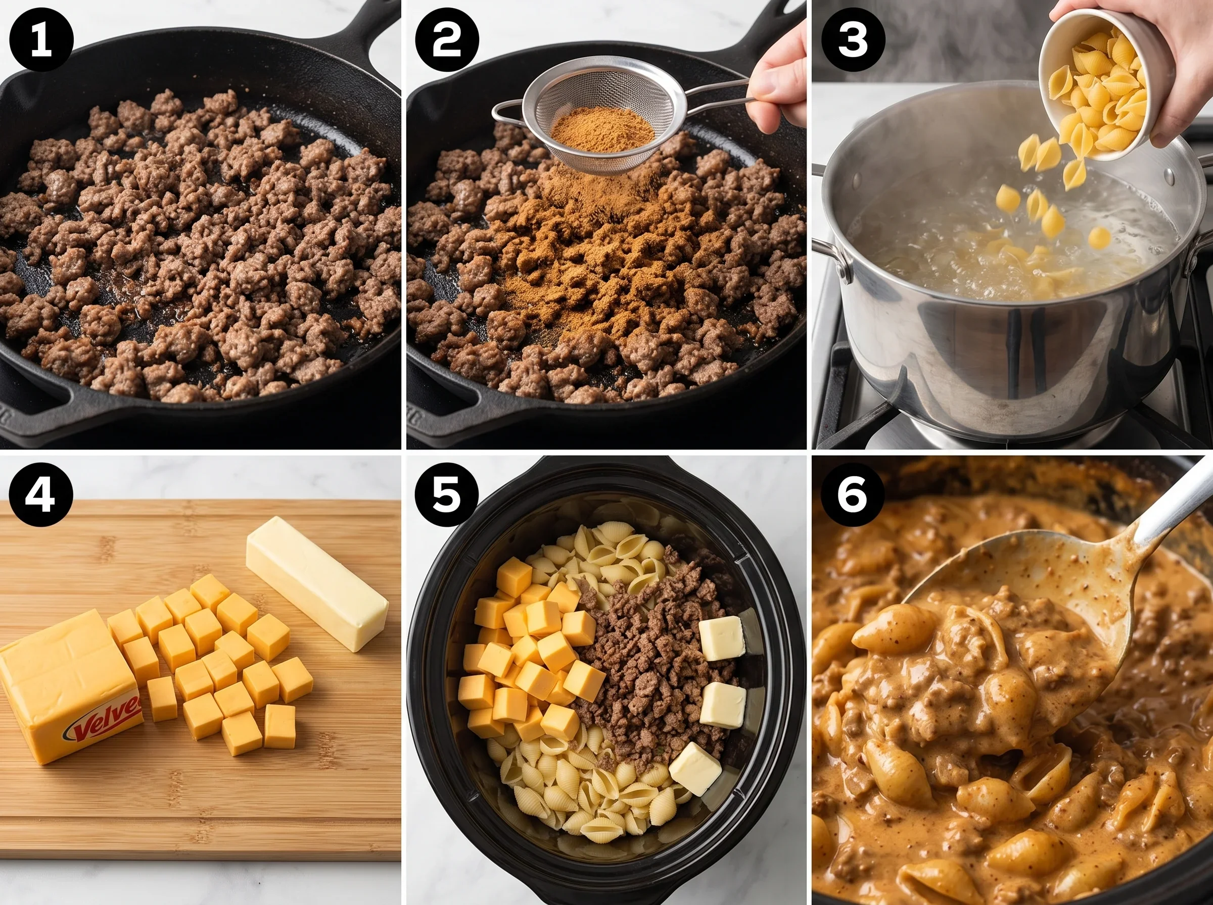 Step-by-step images of preparing taco pasta in a slow cooker with cheese and beef.