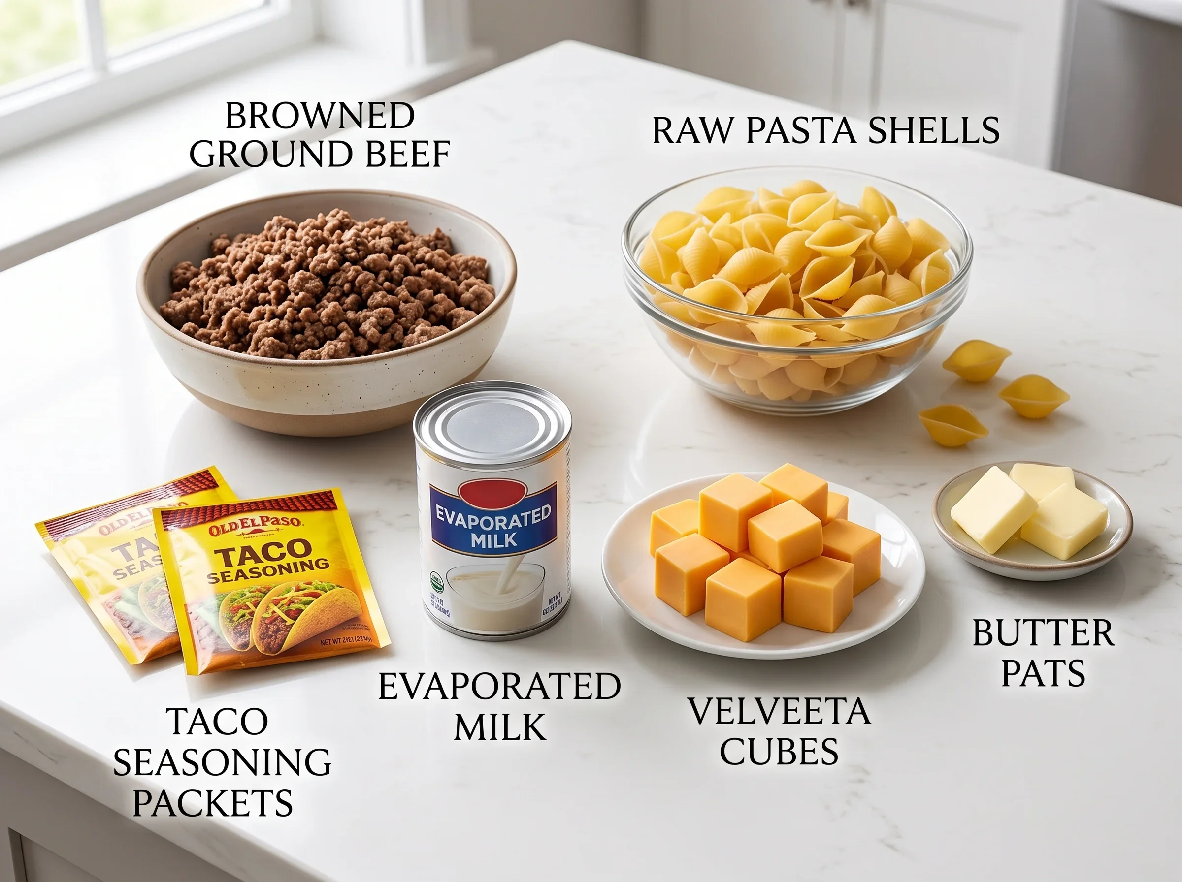 Bowls and packets of ingredients for creamy taco shells and cheese dish