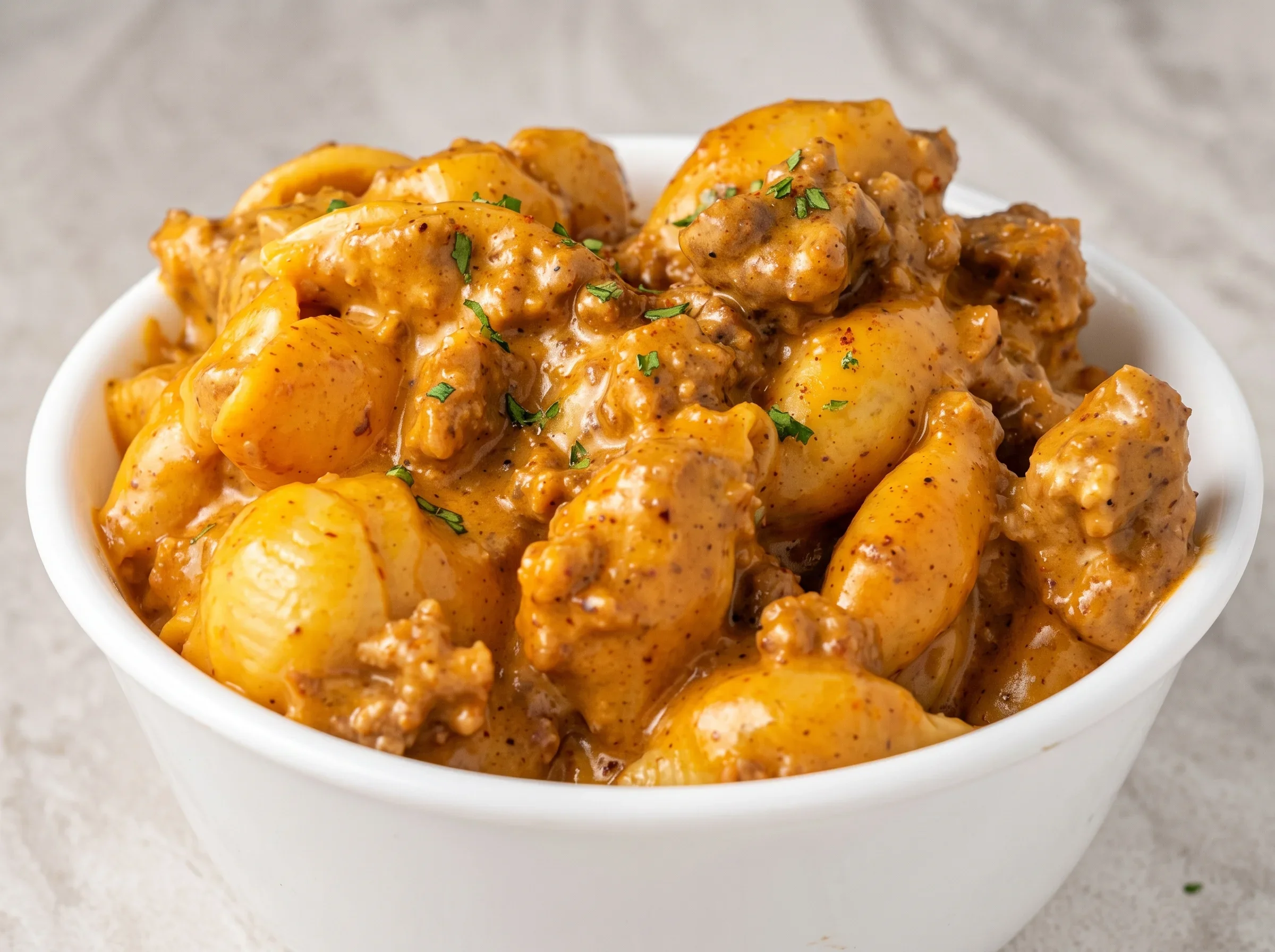 Creamy taco cheese dish with pasta shells in a white bowl, topped with herbs
