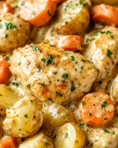 Golden roasted chicken with potatoes and carrots, garnished with chopped parsley.