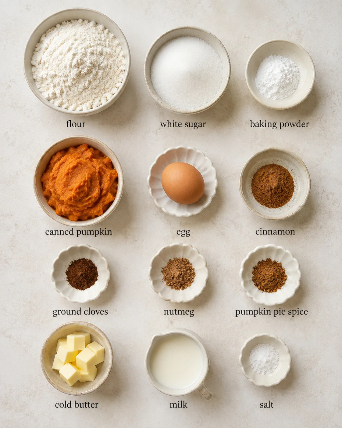 Ingredients for pumpkin scones including flour, pumpkin, spices, and butter.