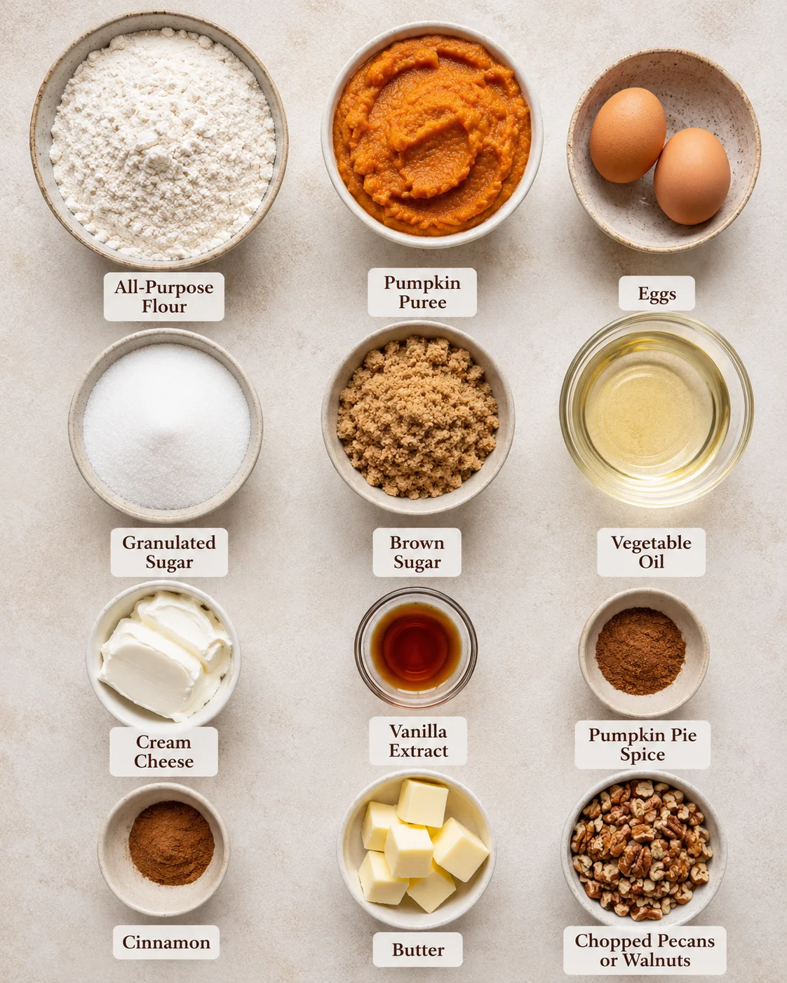 Ingredients for pumpkin muffins include flour, pumpkin puree, eggs, and spices.