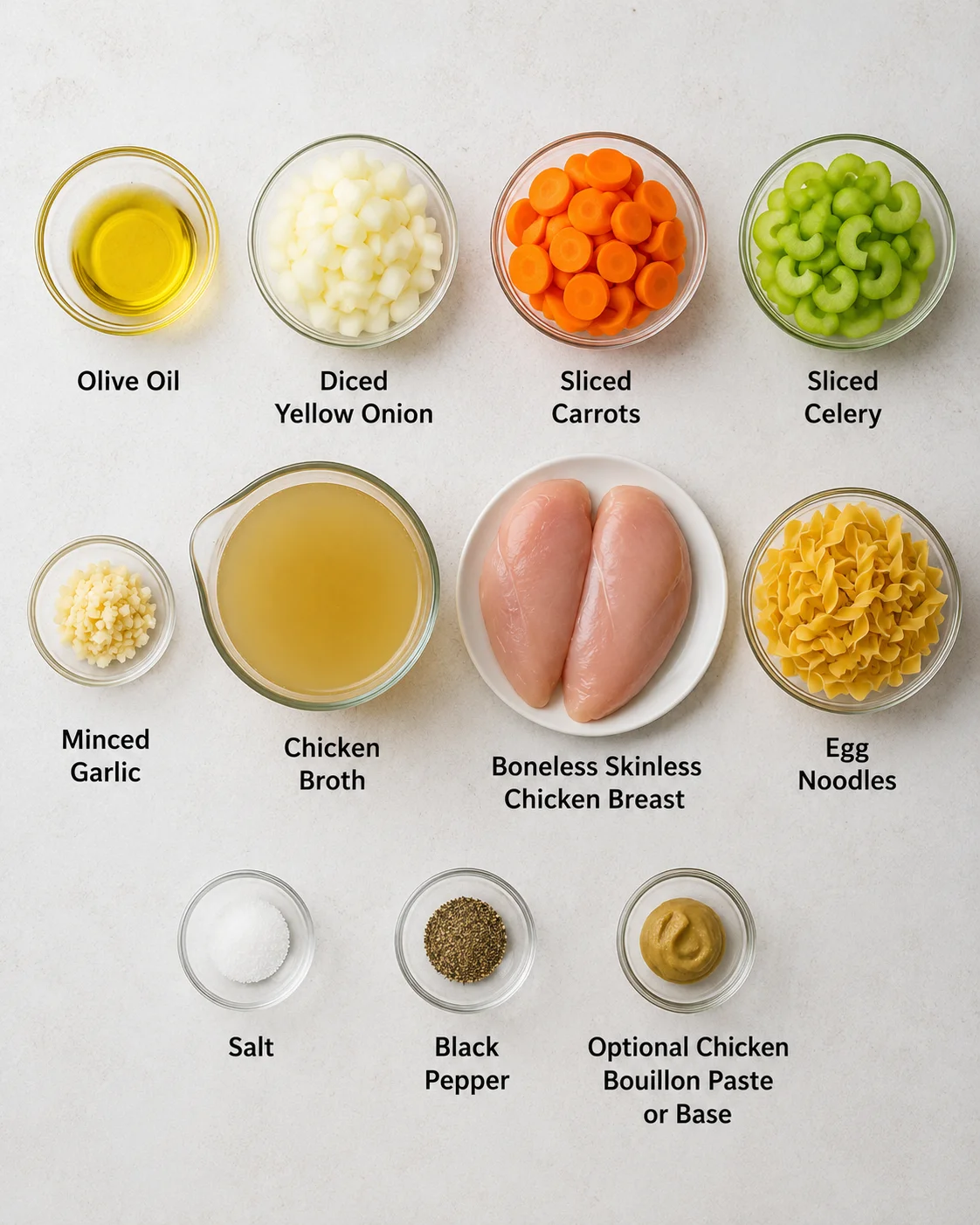 Ingredients for Chick Fil A chicken noodle soup including vegetables, chicken, and broth