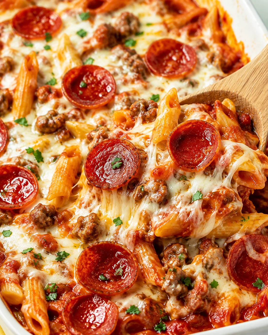 Close-up of cheesy pizza pasta bake topped with pepperoni slices and melted mozzarella