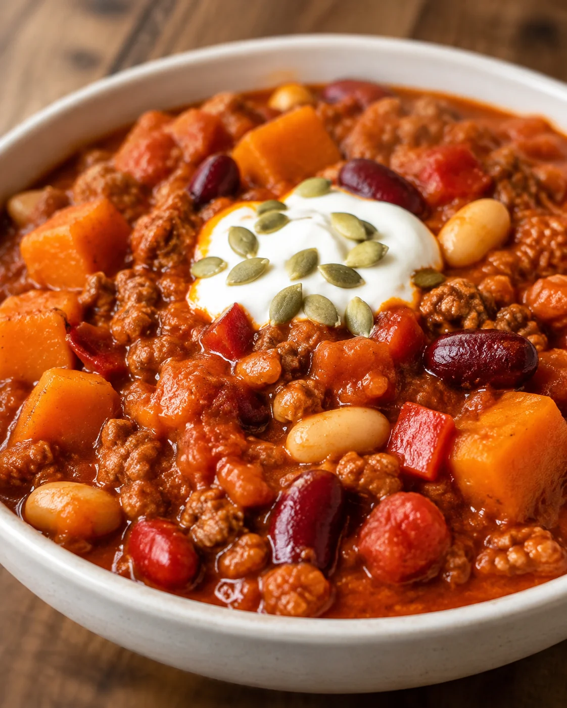 A hearty bowl of pumpkin chili topped with sour cream and seeds.