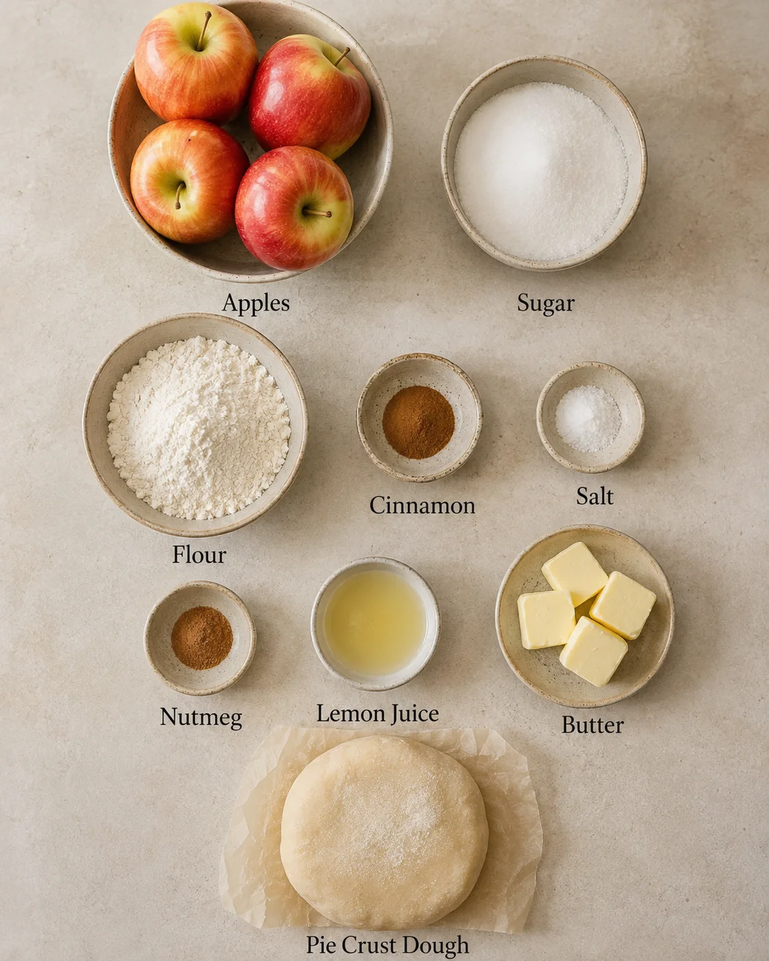 A variety of fresh apples, sugar, flour, butter, and spices for apple pie
