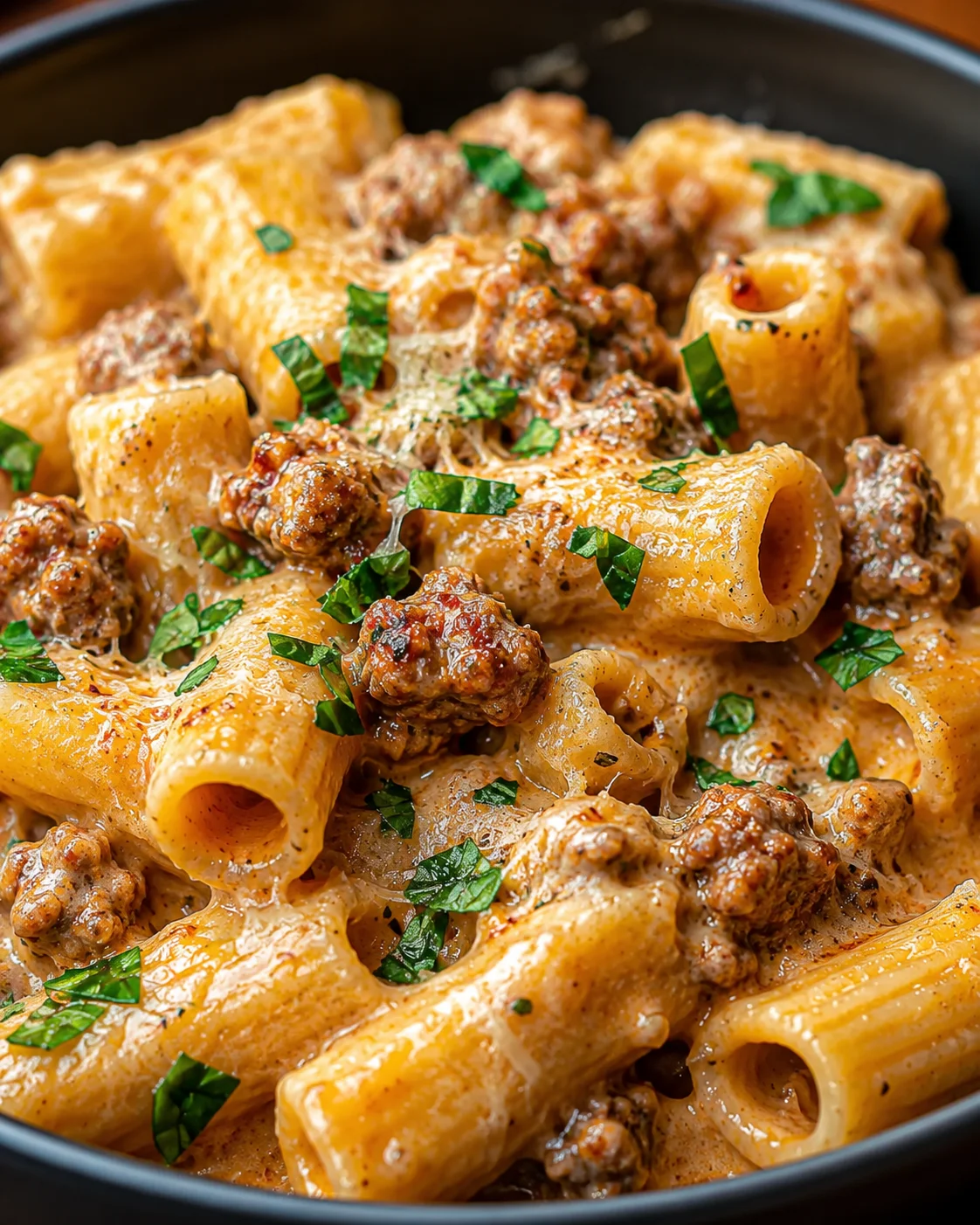 Close-up of creamy sausage rigatoni topped with chopped herbs in a bowl