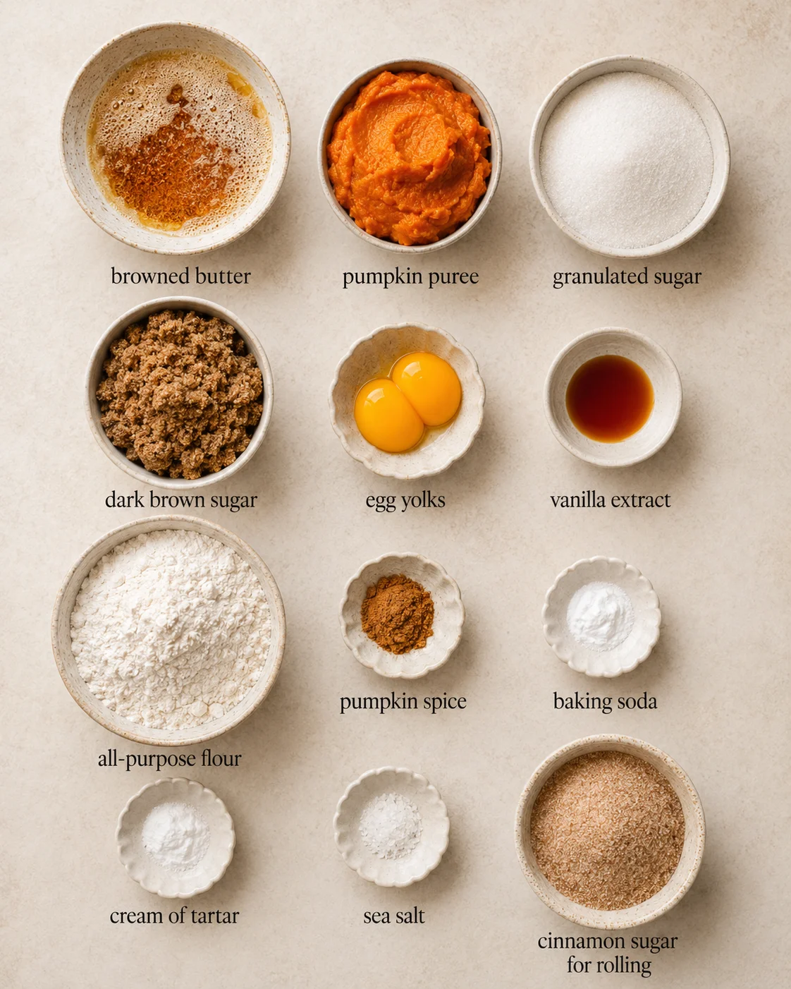 Ingredients for pumpkin snickerdoodle cookies arranged on a neutral surface.