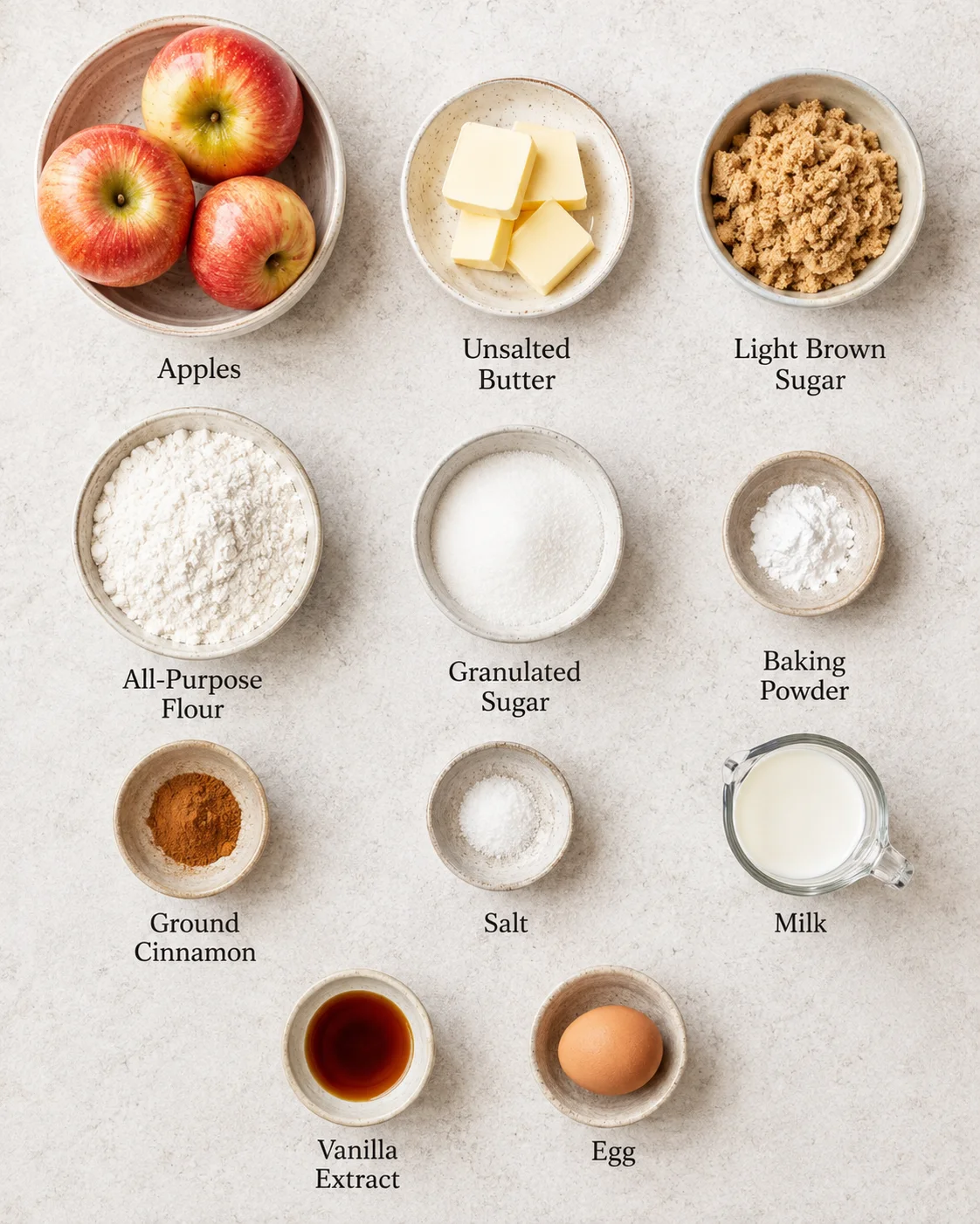 Bowl of fresh apples, unsalted butter, and brown sugar ingredients for cake