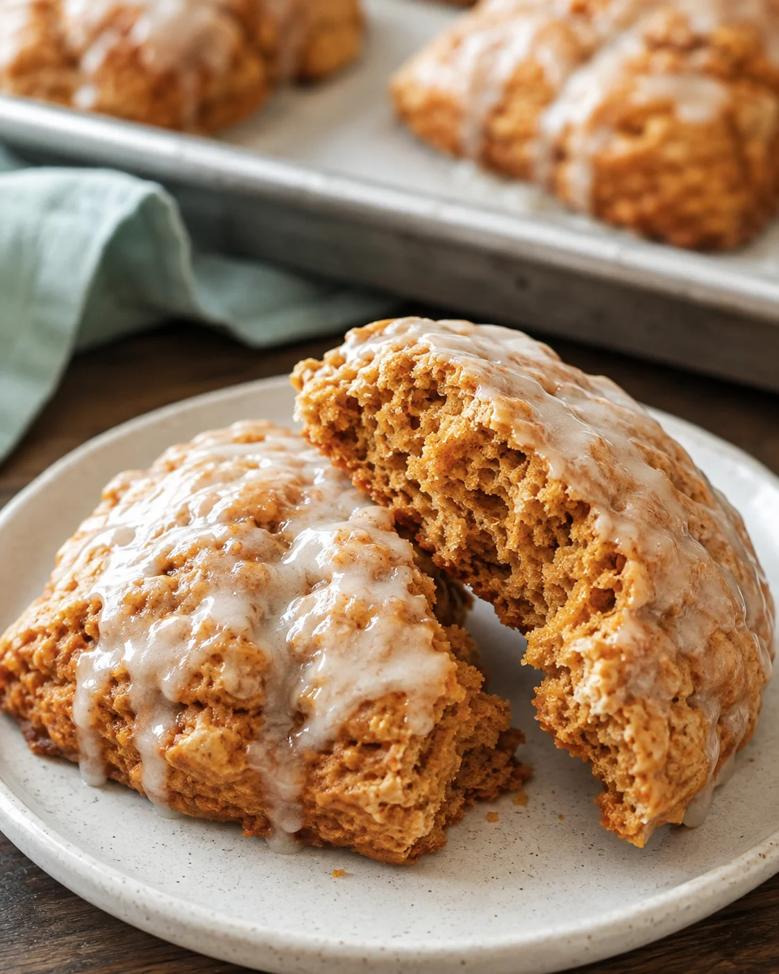 Close-up of freshly baked pumpkin scones with icing glaze on a plate.
