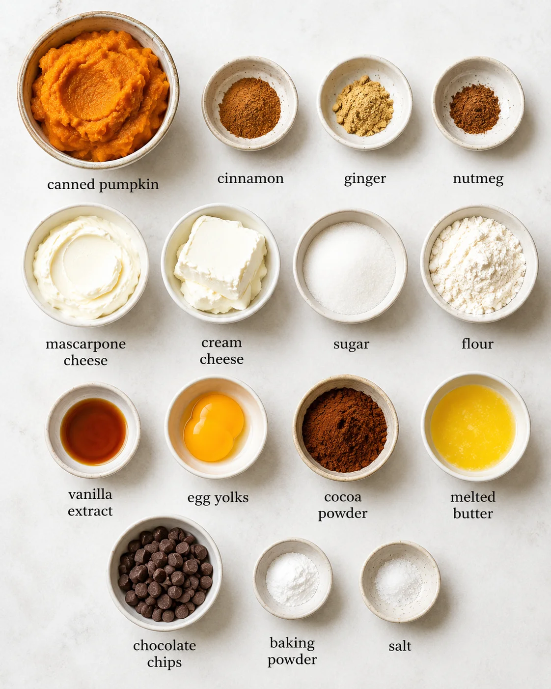 Assorted ingredients for pumpkin cheesecake brownies arranged in small bowls