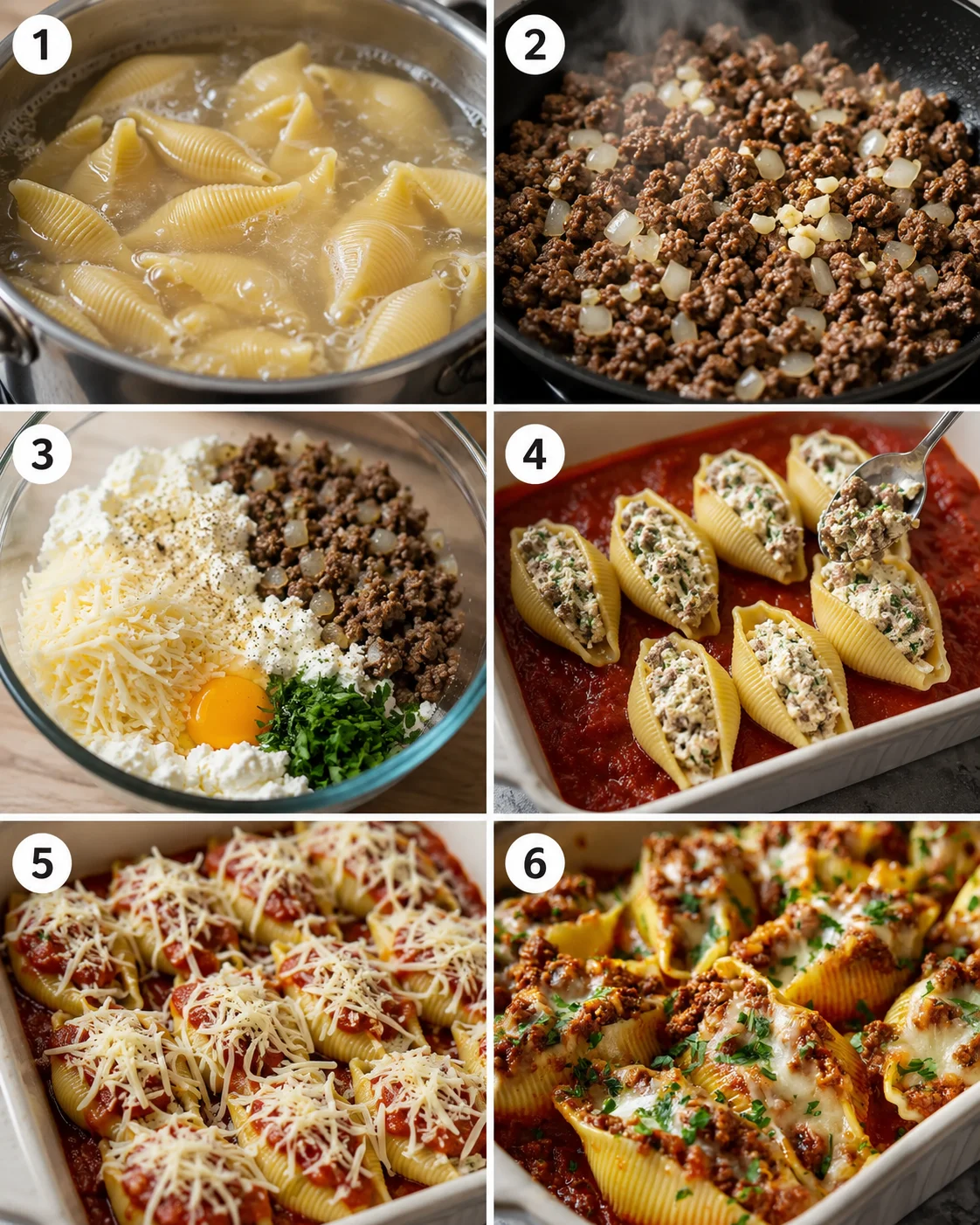 Step-by-step images of preparing delicious beef stuffed pasta shells baked with cheese