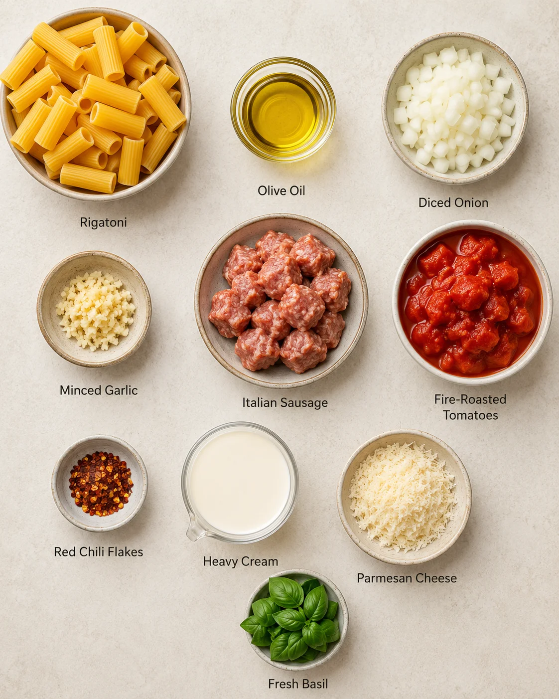 Ingredients for creamy Italian sausage rigatoni including pasta, sausage, and herbs.