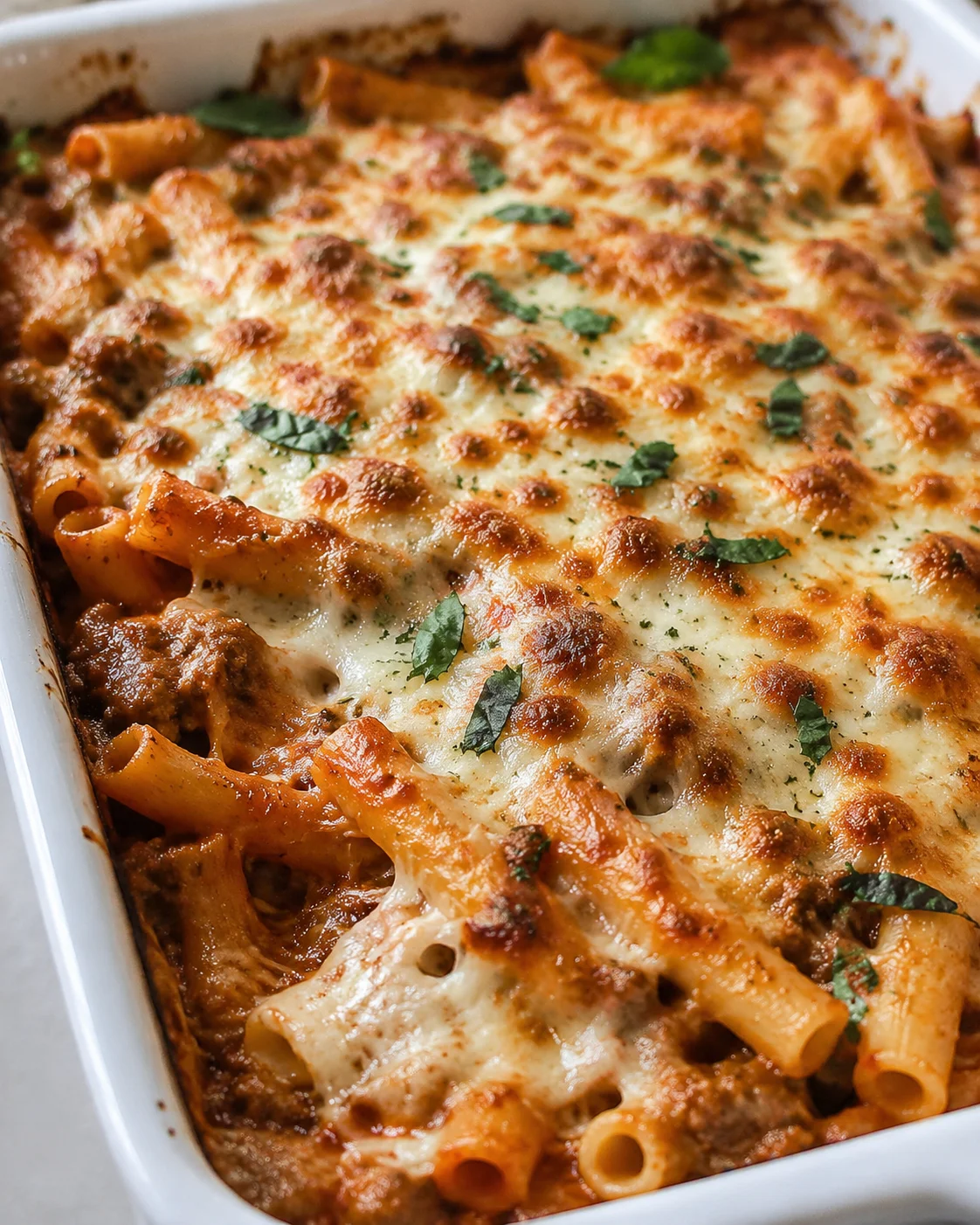 Close-up of a cheesy baked ziti casserole with melted cheese and herbs garnishing.