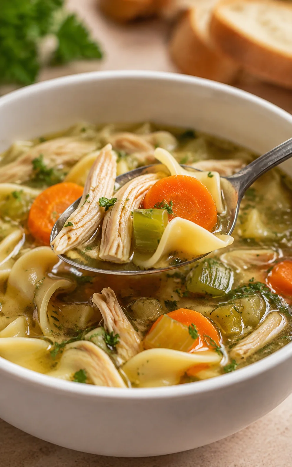A warm bowl of hearty rotisserie chicken noodle soup with vegetables and herbs.