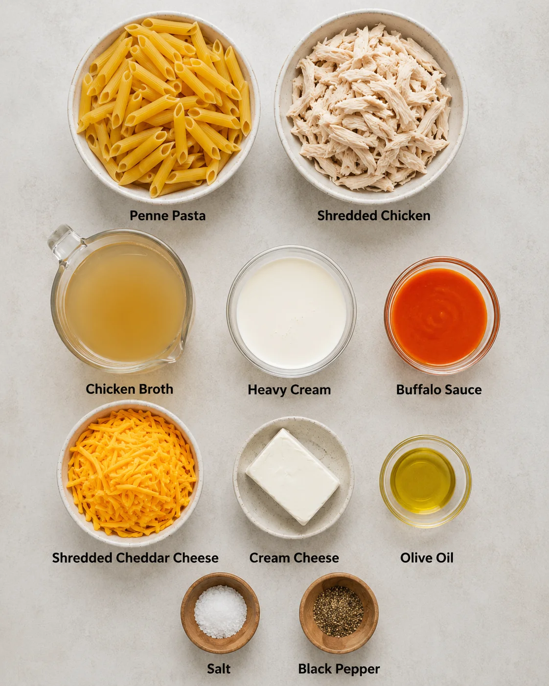 Bowl with penne pasta and shredded chicken on a light background