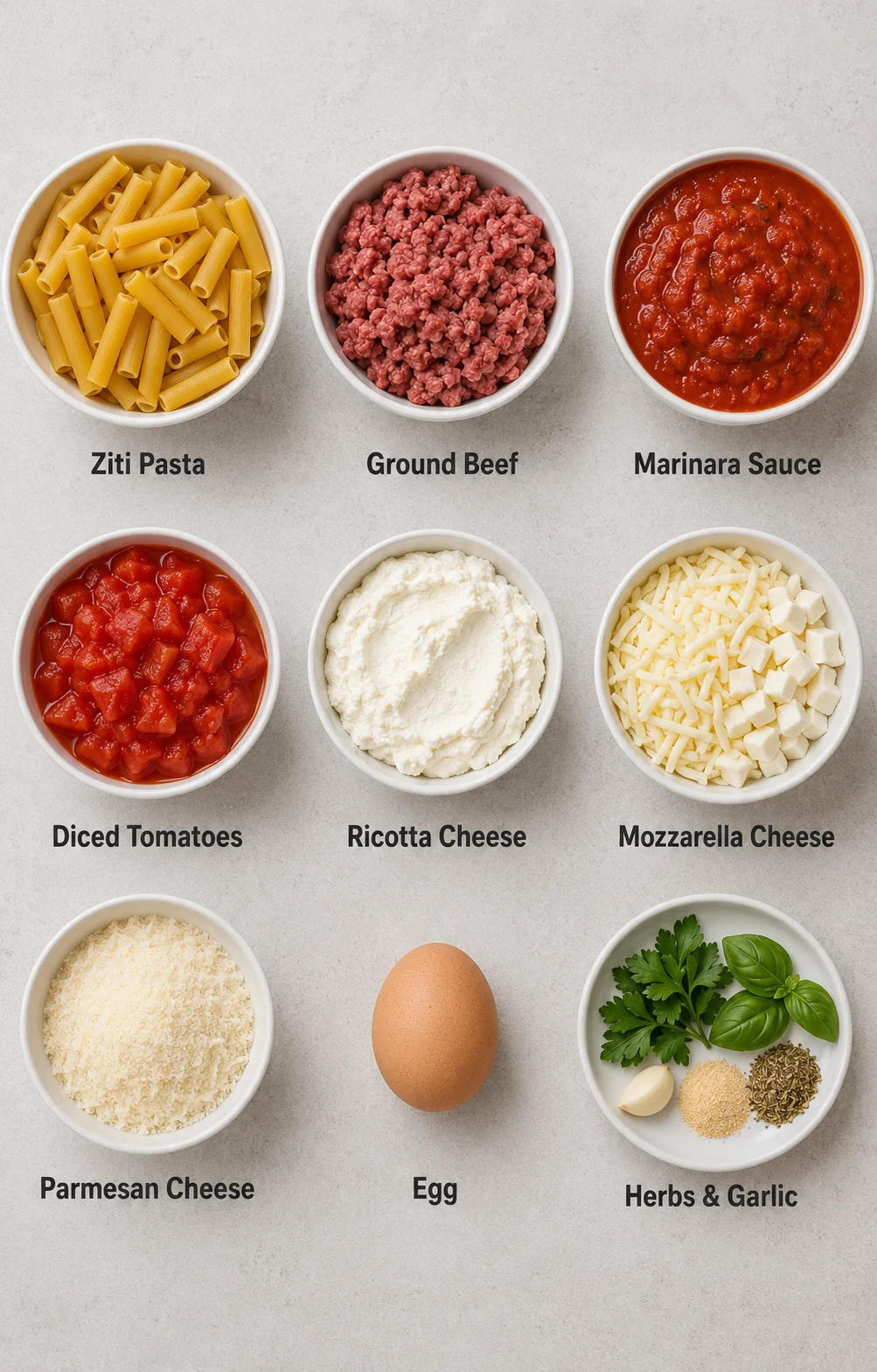 Assorted ingredients for baked ziti including pasta, beef, sauce, and cheeses.