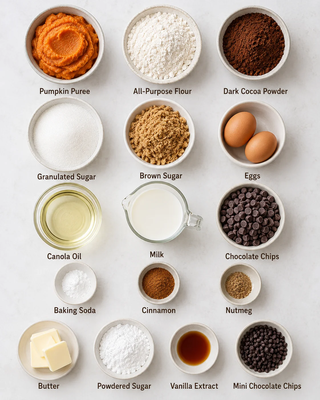 Image of baking ingredients for chocolate pumpkin bread on a white surface.