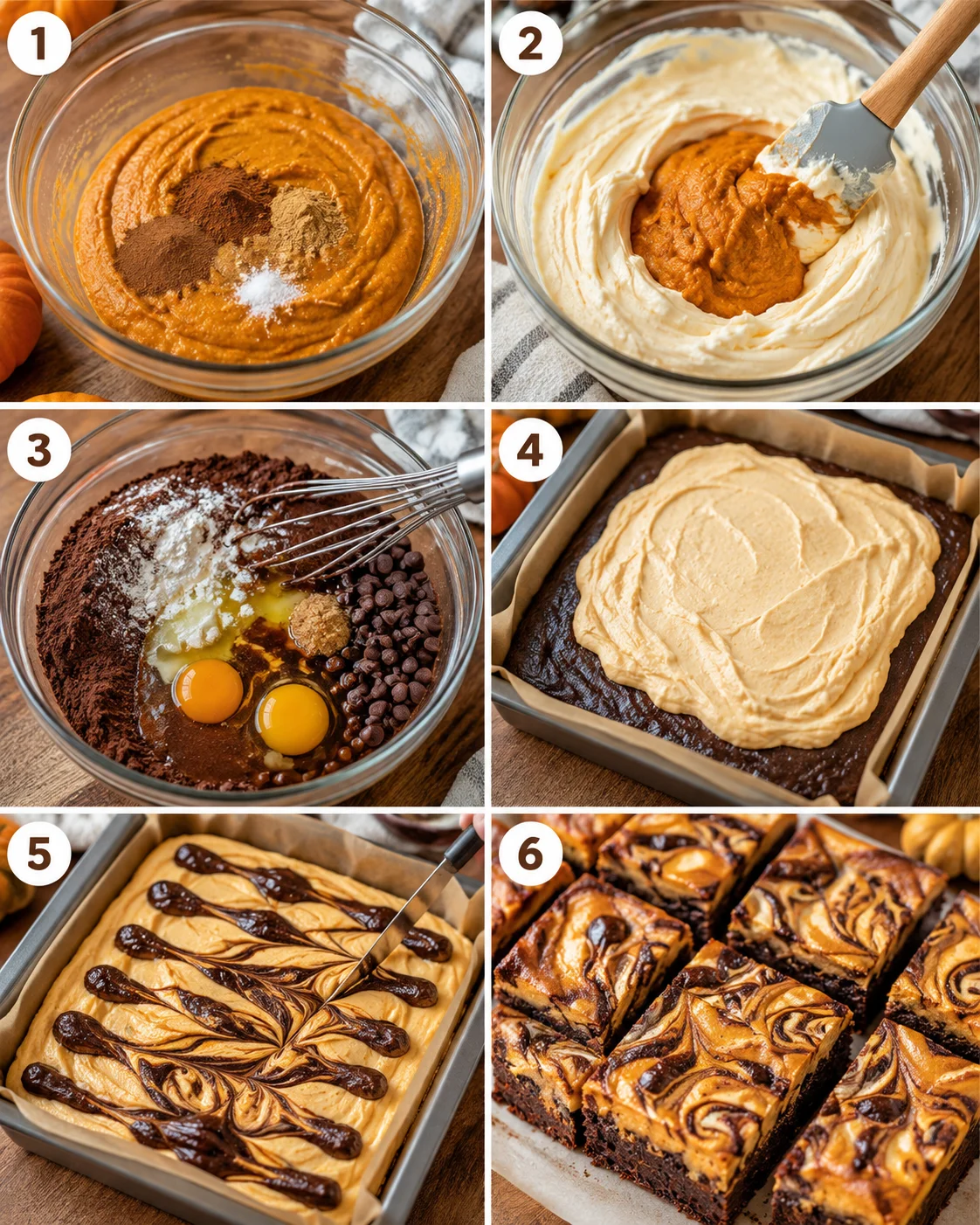 Step-by-step images of preparing and swirling pumpkin cheesecake into brownie batter.