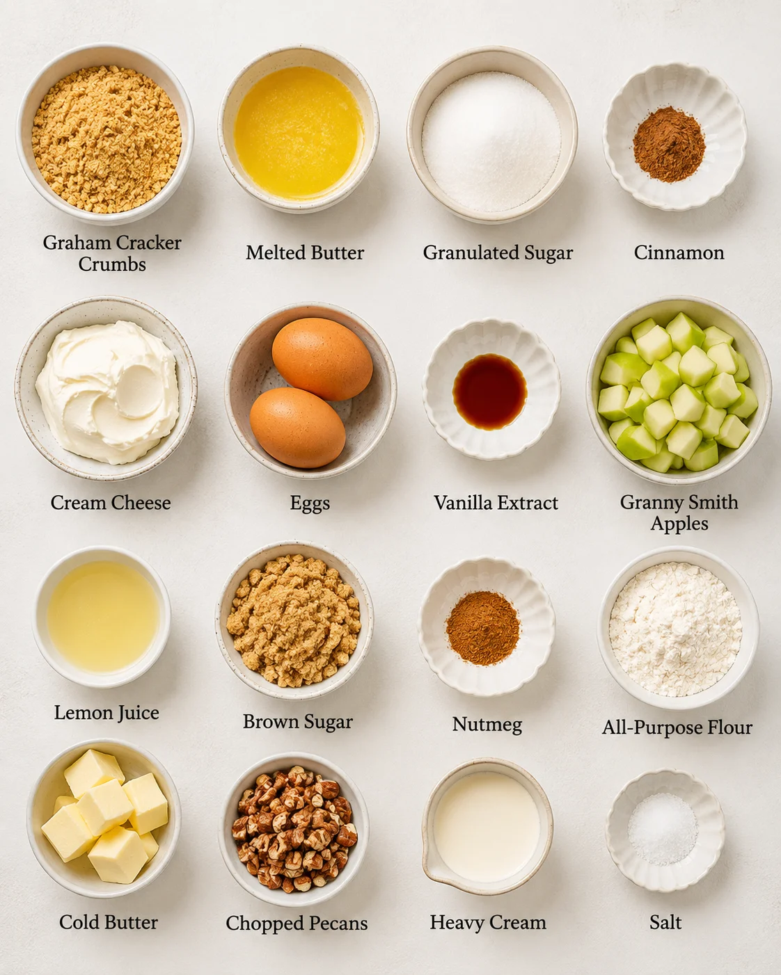 Ingredients for caramel apple cheesecake bars including graham cracker crumbs, apples, and caramel.