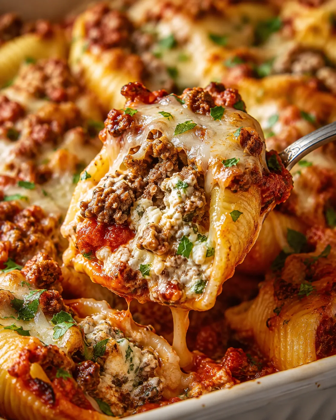 Close-up of cheesy beef stuffed pasta shells garnished with herbs.