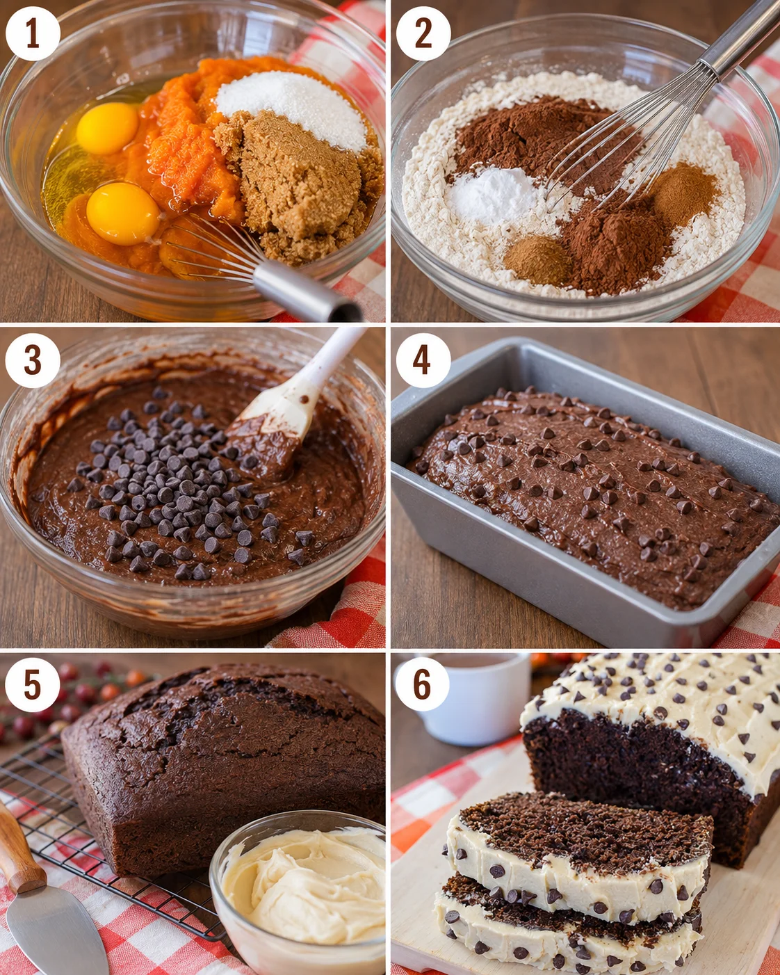 Step-by-step images of making moist chocolate pumpkin bread with chocolate chips