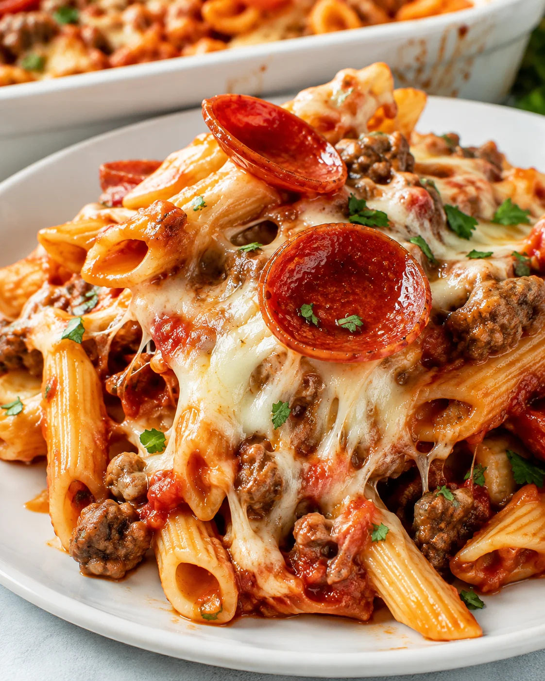 Close-up of cheesy pizza pasta bake topped with pepperoni slices.