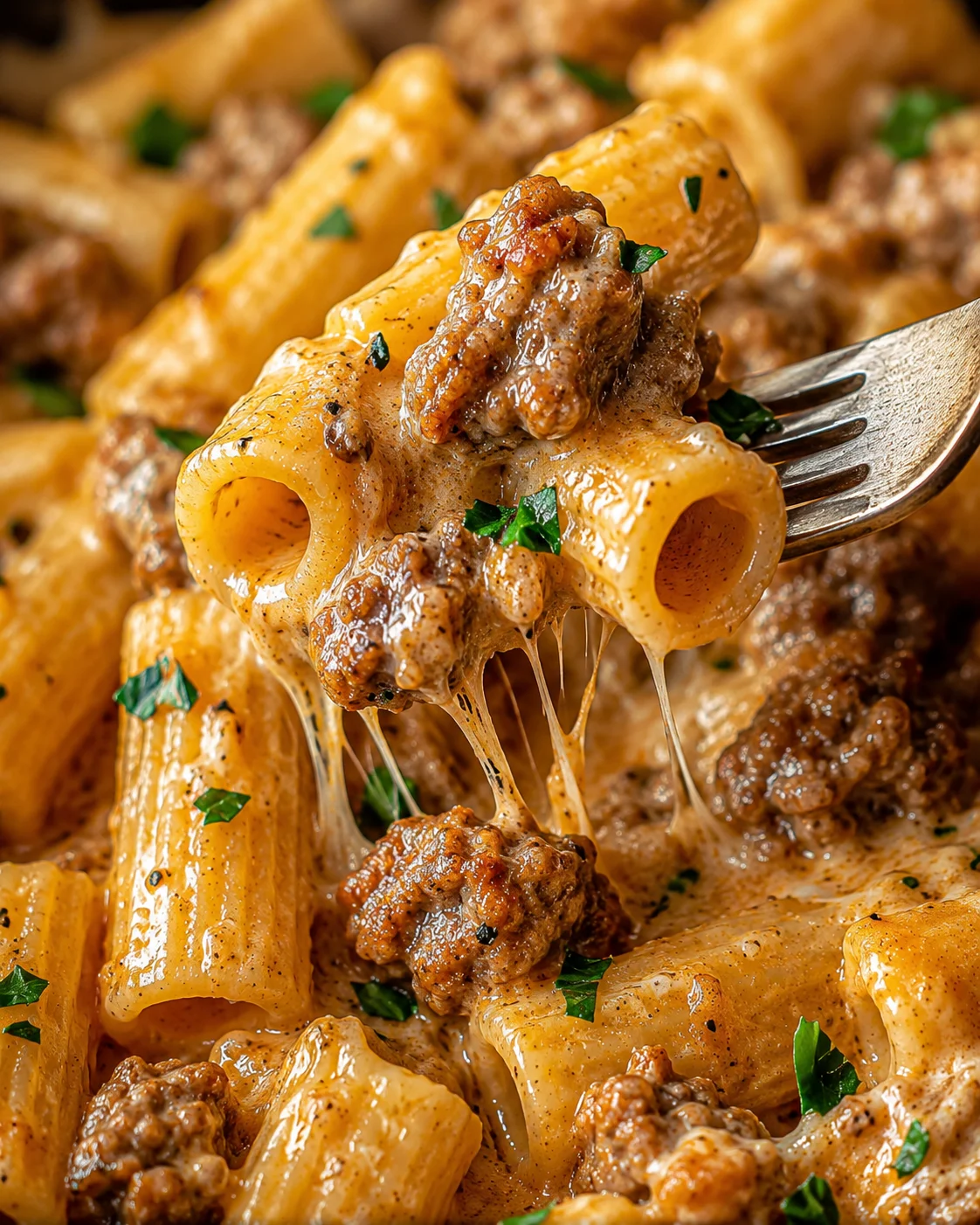 Close-up of creamy sausage rigatoni with melted cheese and herbs.