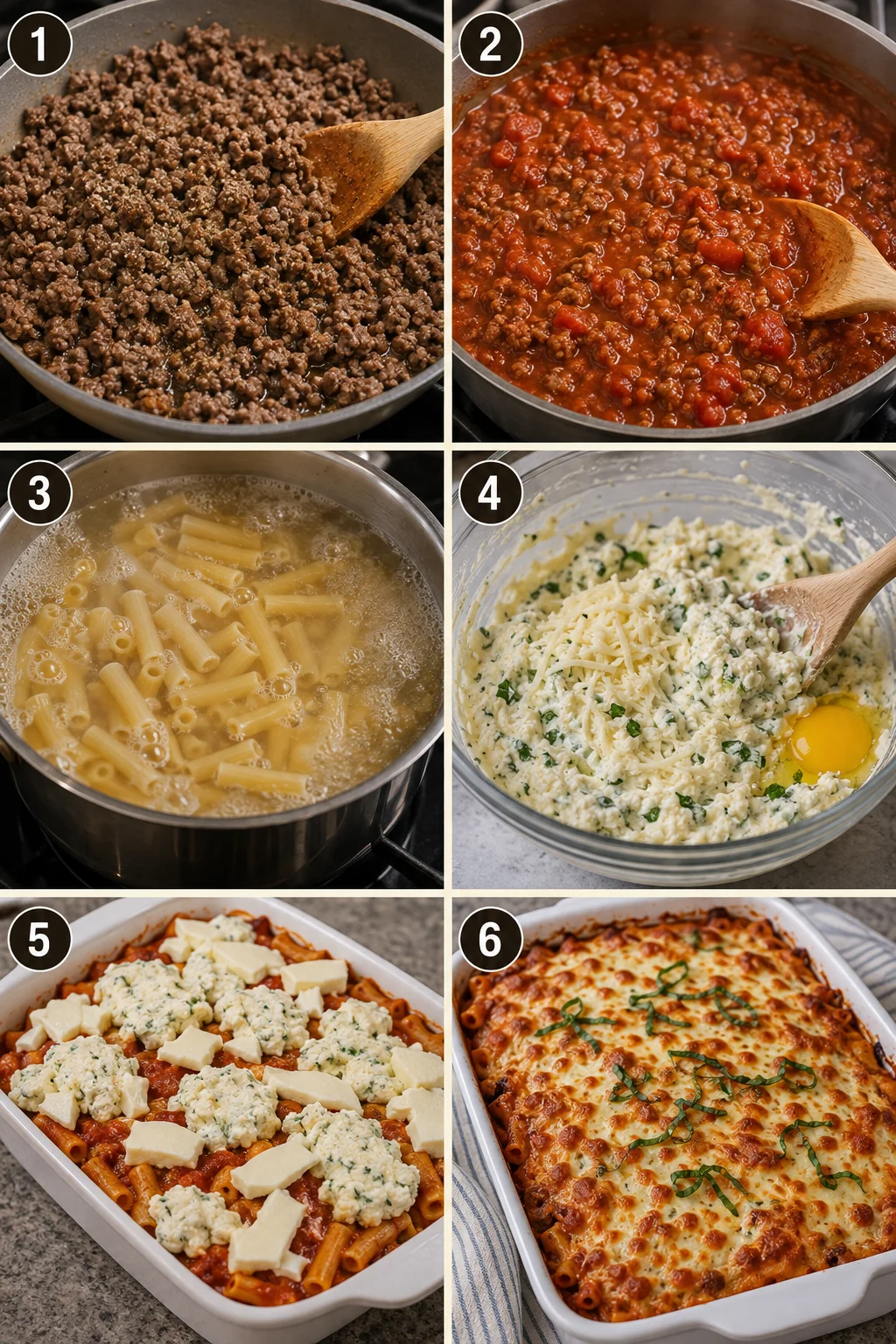 Layered baked ziti pasta dish with melted cheese and fresh herbs topped for baking