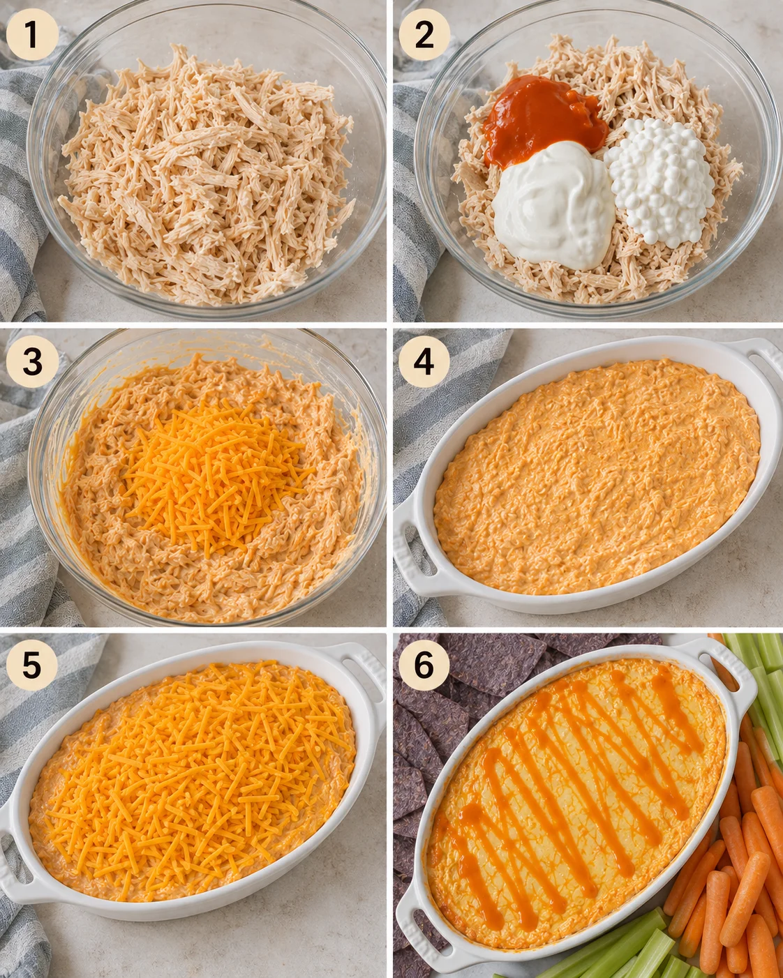 Step-by-step process of making a healthy buffalo chicken dip with ingredients and baking.