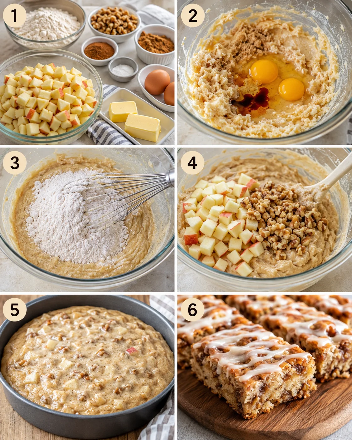 Step-by-step images of preparing and baking cinnamon apple cake with apples and walnuts.
