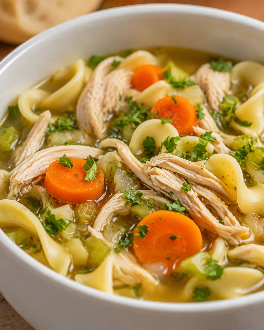 Hearty and comforting rotisserie chicken noodle soup in a white bowl.