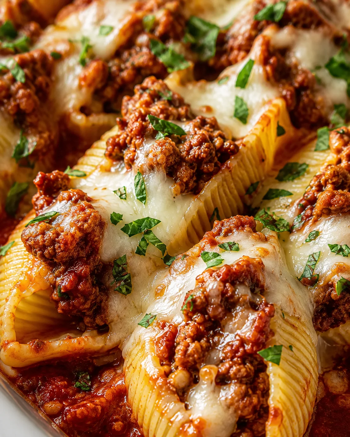 Close-up of cheesy beef stuffed pasta shells topped with parsley in a baking dish