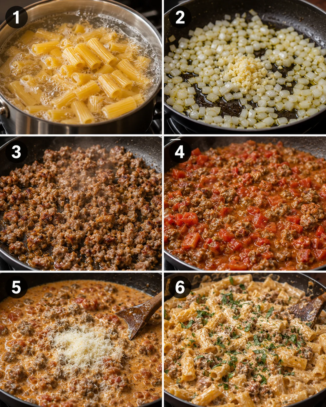 Delicious creamy sausage rigatoni pasta with herbs and garlic.