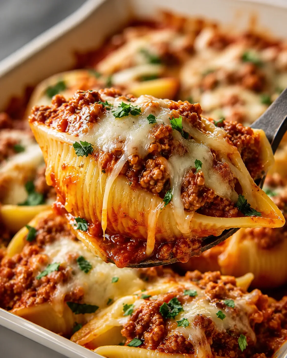 Close-up of cheesy beef-stuffed pasta shells topped with herbs and melted cheese.